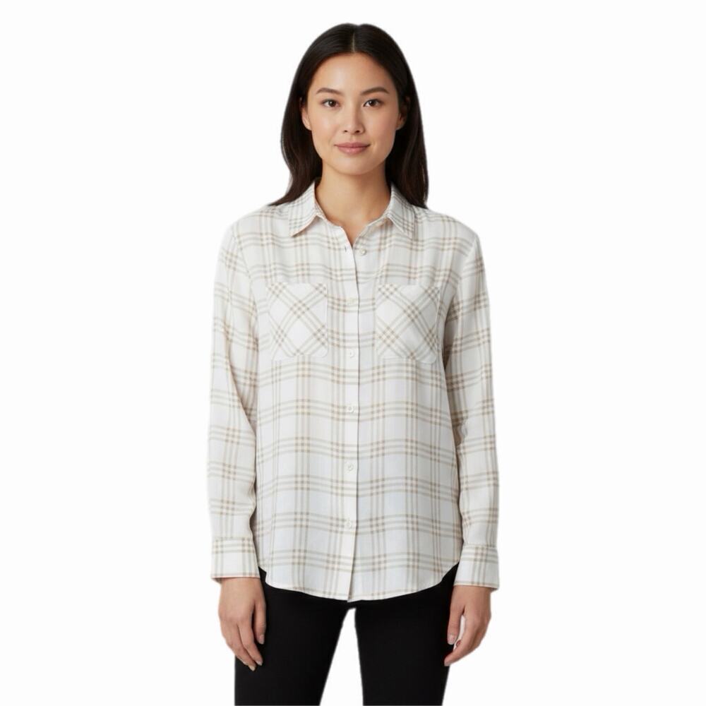 Pink Lily Women's Button Up Blouse Size S White & Tan Check Viscose Long Sleeve